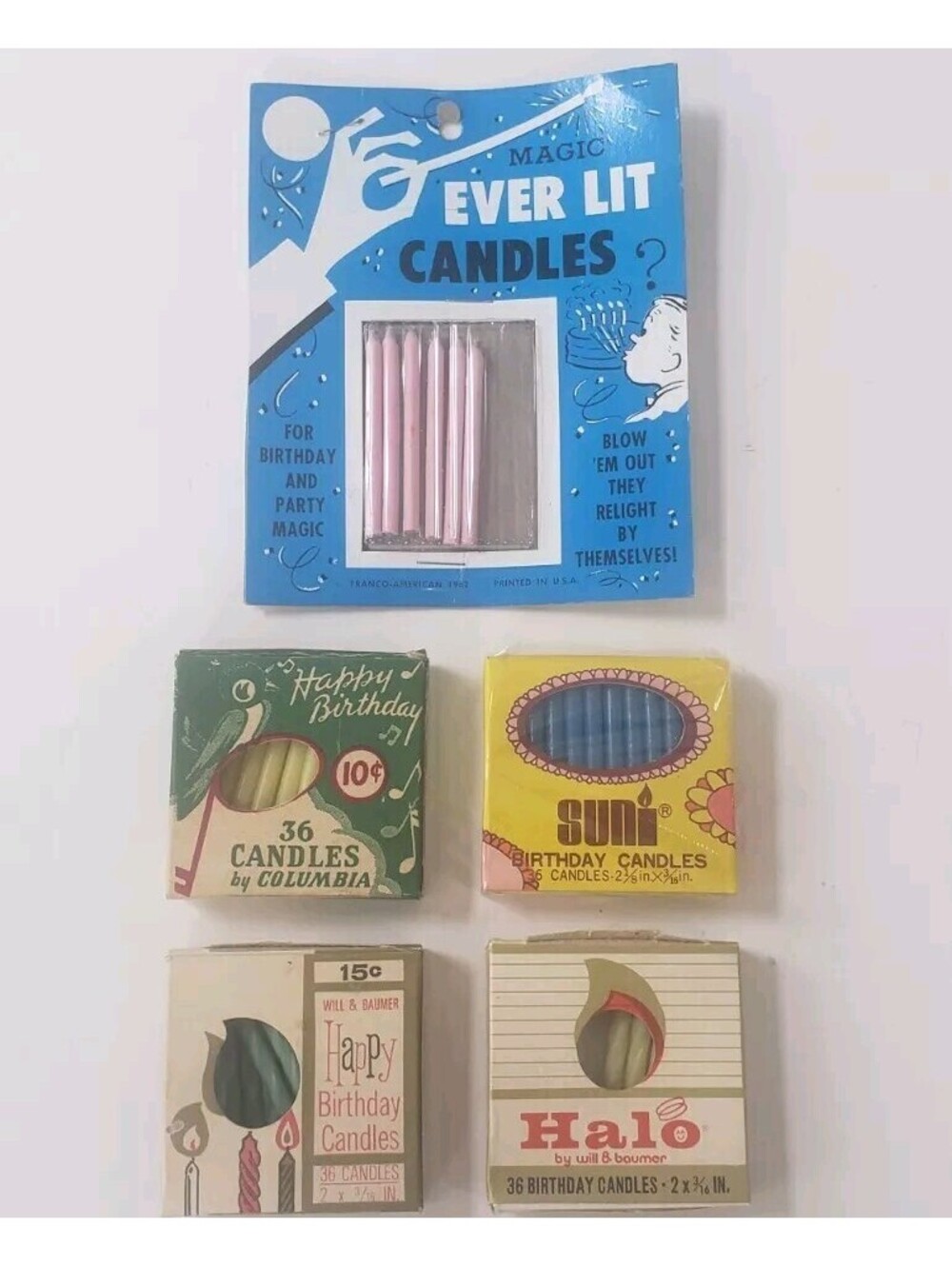 VTG Birthday Candle Columbia Wax Will Baumer Halo Suni Franco-American Box Happy